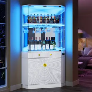 Lvifur 71" Tall Corner Bar Cabinet with RGB Lighting & Motion Sensor LED, Modern Liquor Display Cabinet with Mirror Back & Glass Doors, Corner Wine Rack Tower with Textured Storage