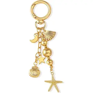 ChicBloom B Gold Beach Keychain Cute Starfish Pearl Seashell Keychain Bag Charms Purse Charms Summer Travel Gifts for Women