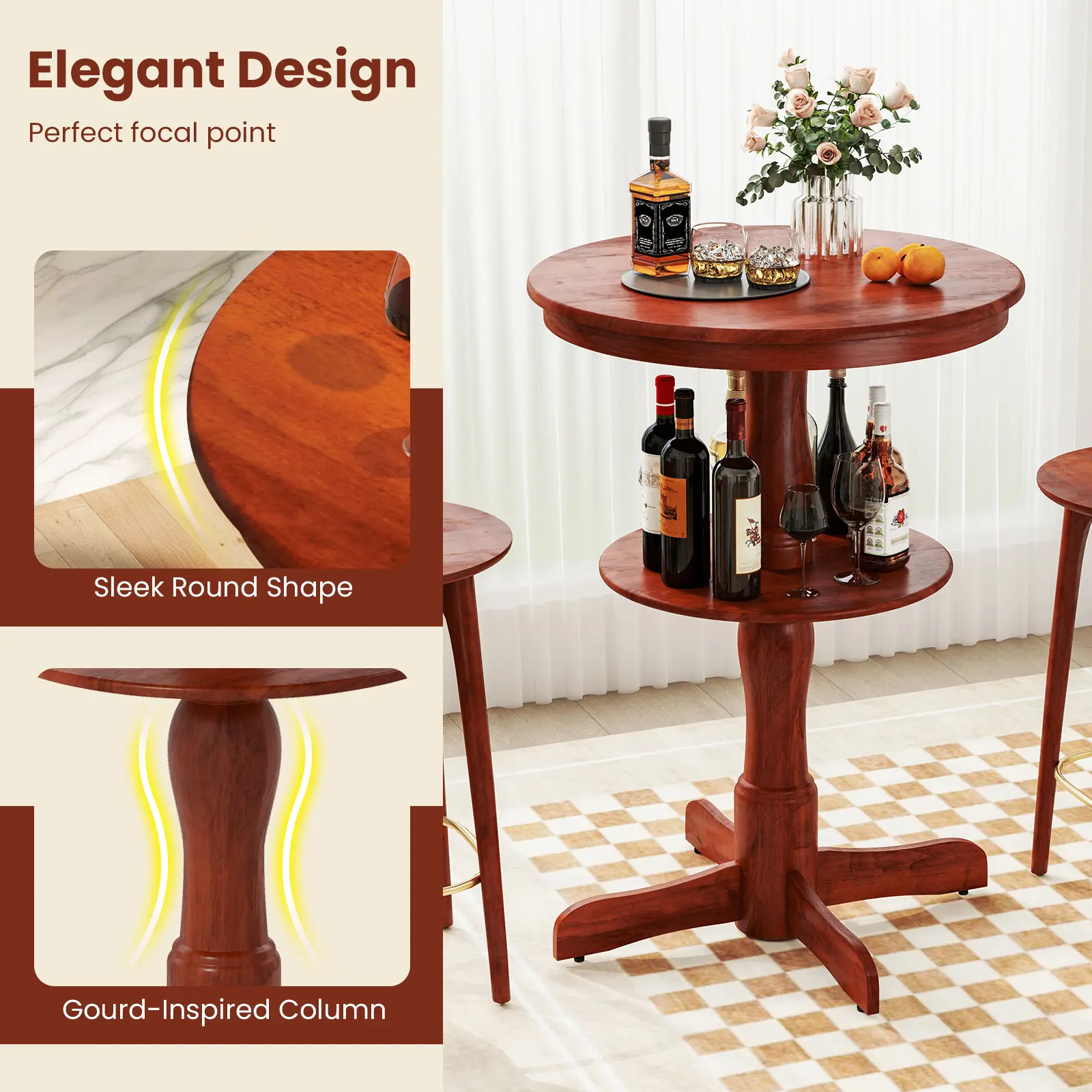 COSTWAY - 2-Tier Round High Top Bar Table with Storage Shelf and Pedestal Base-Espresso