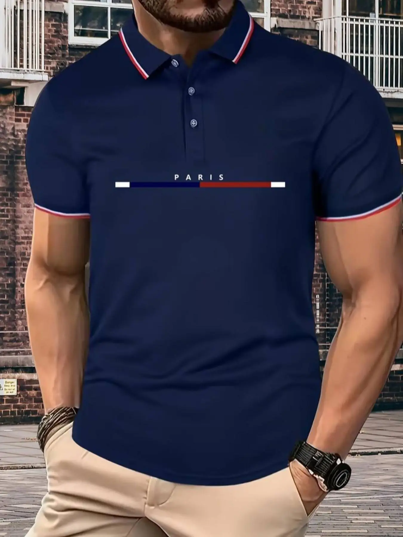 Men's Regular Fit Letter Print Contrast Binding Polo Shirt, Casual Short Sleeve Button Front Top for Summer, Summer Outfits 2024, Fashion Men's Clothe