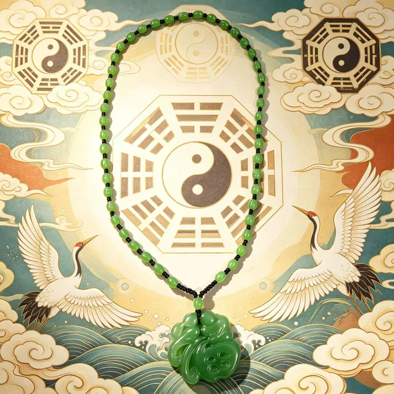 Carved Natural Jade Necklace, Taoist Energy Amulet for Luck, Aura Enhancement, and Energy Balance, Elegant Spiritual Accessory, Costume, Jade Amulet, Harmony, Traditional, Unisex, Auspicious, Carved Fu, Energy Balancing