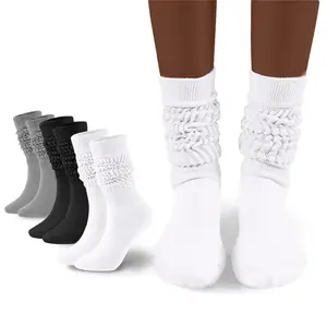 3 Pairs Scrunch Cotton Knit Boot Soft Long Winter Stacked Socks for Women and Men in Black Grey White