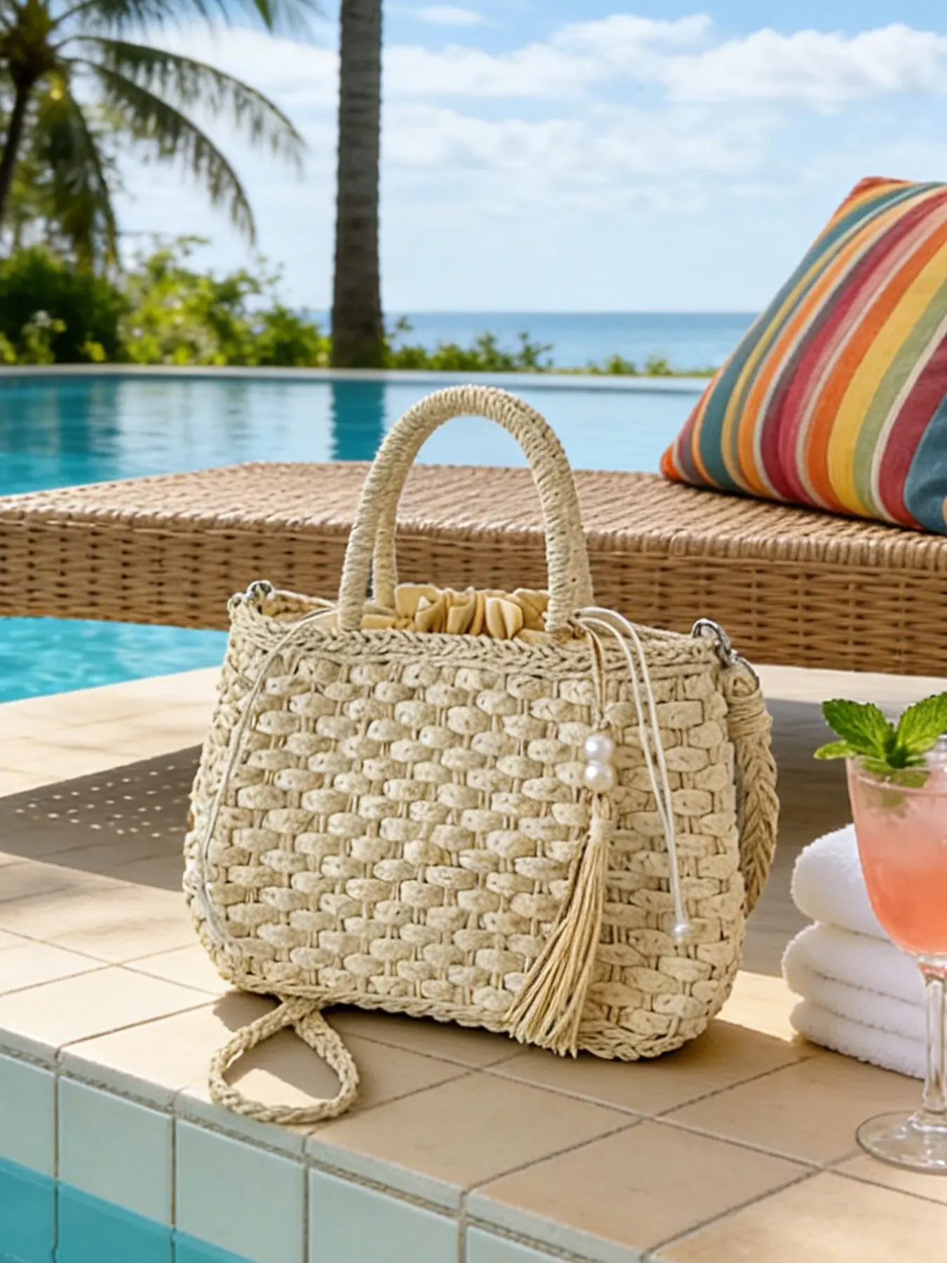 Ladies' fashionable, simple, casual, retro solid color woven handbag Everyday Bag suitable for daily commuting, shopping, gift giving, beach vacation, ladies' essential shoulder bag Fringe Handbag Versatile Bag