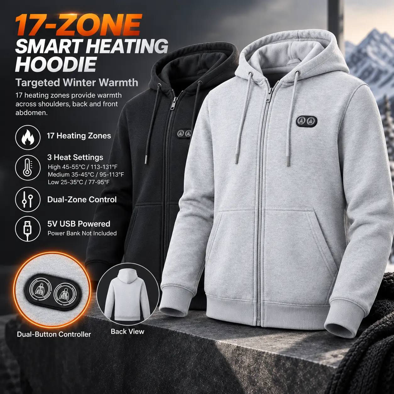 17-Zone USB Heated Hooded , Fleece Lined Zip-Up Thermal Coat with Dual Control, Long Sleeve Winter Outerwear for Camping, Commuting and Cold Weather