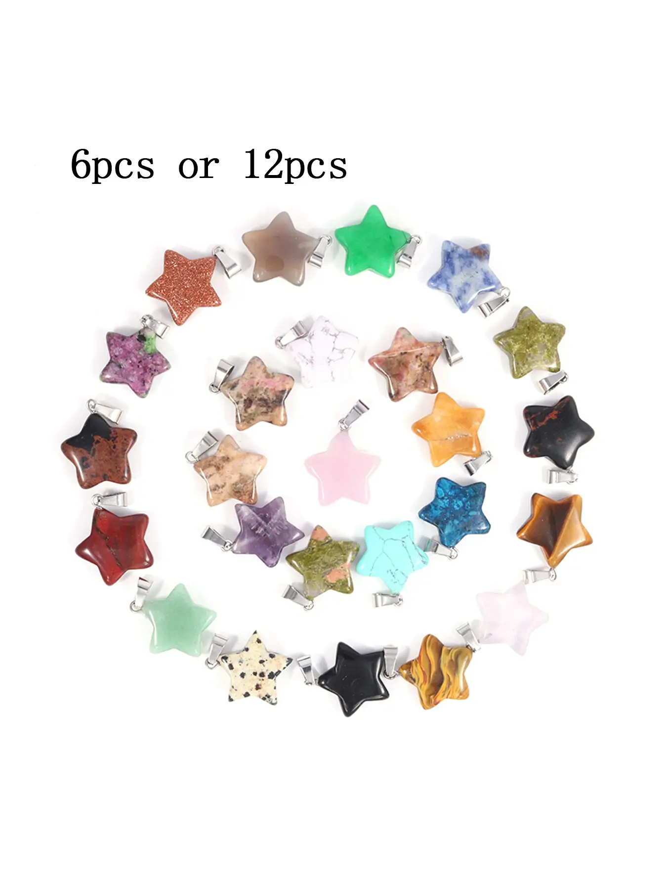6/12pcs Mixed Color Star Pendant Crystal Healing Heart Chakra Decorative Figurine, Stainless Steel Chain, Home Ornament, Chakra Healing Crystals, Healing Stones