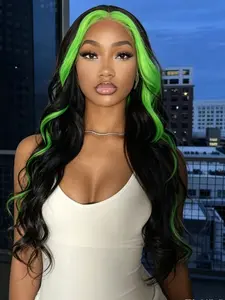Green Streaked Black Wavy Wig, 13x4 Lace Front Wig, Pre-Plucked Hairline Synthetic Wig Green Tone Big Wave Wig for Concert & Festival Look, HD Transparent Lace Front WigSuitable for Women Daily & Dating Wear, 28 Inch