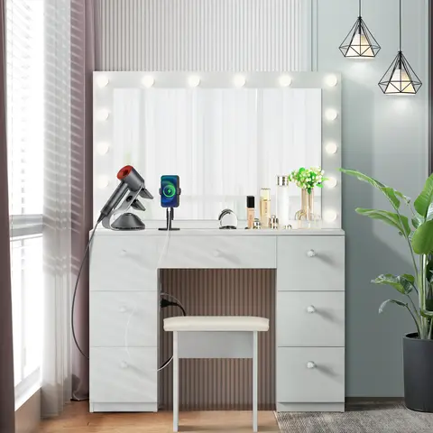 VOWNER 55" Tall Makeup Vanity Table Desk Set With Power Outlet, 14 LED Bulbs Lights Mirror and 7 Drawers Furniture Bedroom, vanity mirror,#SohoChic