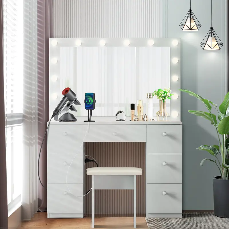 VOWNER 55" Tall Makeup Vanity Table Desk Set With Power Outlet, 14 LED Bulbs Lights Mirror and 7 Drawers Furniture Bedroom, vanity mirror,#SohoChic
