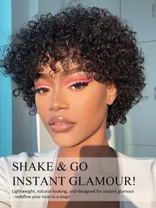 6 Inch Short Curly Pixie Cut Wig Human Hair with Bangs Afro Curly Human Hair Wigs for African American Women None Lace Front Glueless Bob Wig with Bangs Human Hair Light Weight Put on and Go Wigs