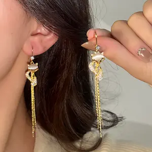 New stylish tassel hook fox animal earrings for women DDES0366, long elegant fashion drop earrings 14K Gold-Plated