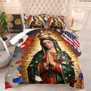 Our Lady of Guadalupe Comforter Sets,Includes 1 Comforter & 1-2 Pillowcases,Mexican & US Flag Print Bedding Sets,Soft Breathable All-Season Bedding for Bedroom Dorm Guest Room,Perfect for Catholic Families & Latino Cultural Enthusiasts