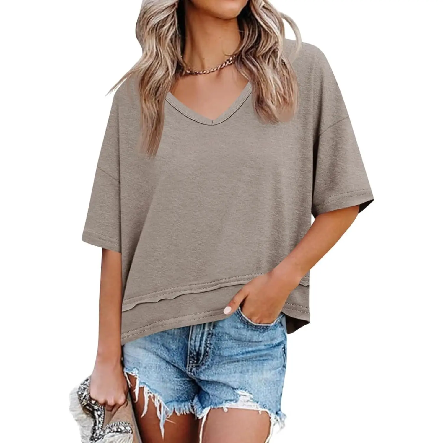 PiePieBuy Women's Oversized V-Neck Short Sleeve Cotton-Elastane Blend Loose-Fit T-Shirt - Soft, Lightweight, Breathable, Capsule Wardrobe Basic Style Comfy Casual Everyday Basics for Ootd Ideas Summer Wear