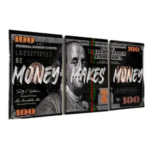 3 Counts/set Wooden Framed Money Makes Money Canvas Posters, Money Wall Art, Inspirational Dollar Bill Pop Art, Modern Home Decor, Wall Decor Living Room, Bedroom, Gift for Friends and Family, Waterproof Canvas, Wall Decor,  Father's Day prints
