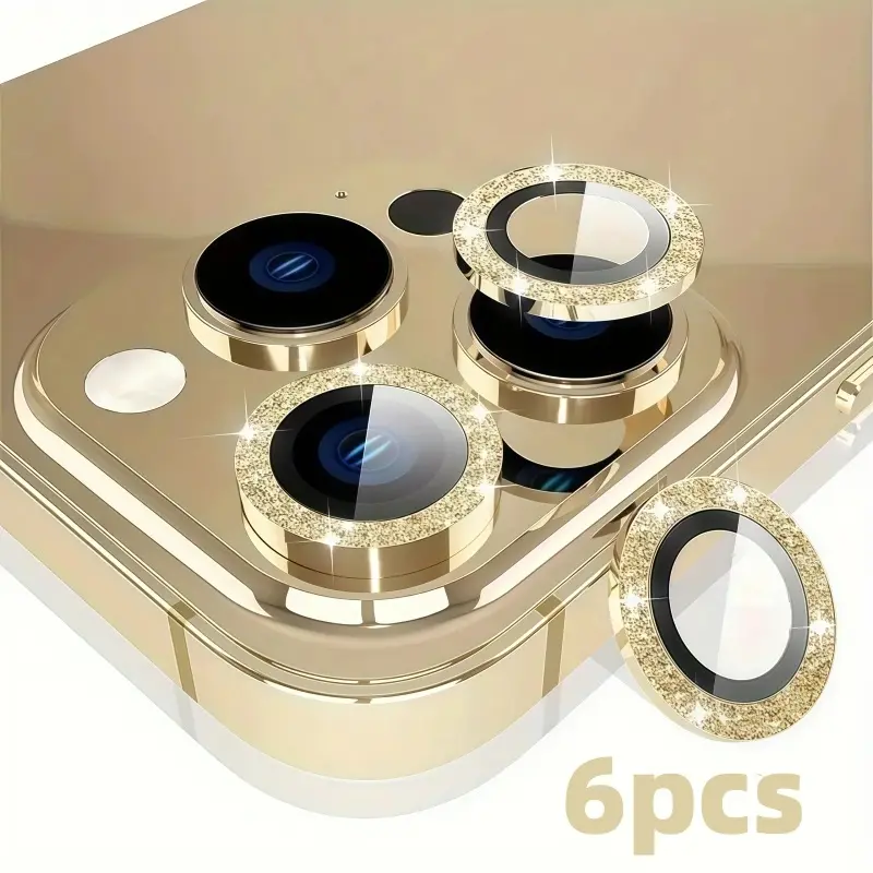 6-Piece Gold Glitter Eagle Eye Lens Screen Protective Shield Cover, Suitable for iPhone 17/16/15/14/13/12/11 Series, Ultra-clear Protective Tempered Glass Drop-proof, Shockproof, Easy to Install, Scratch-resistant Smartphone Accessories