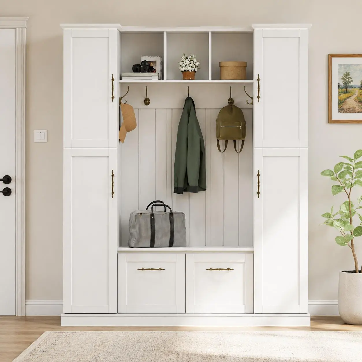 littleox Farmhouse Elegant Hall Tree with 4 Side Cabinets, All-in-One Mudroom Furniture with Adjustable Shelves & Open Cubbies, Beadboard Entryway Bench with Coat Rack & 5 Hooks for Hallway, White