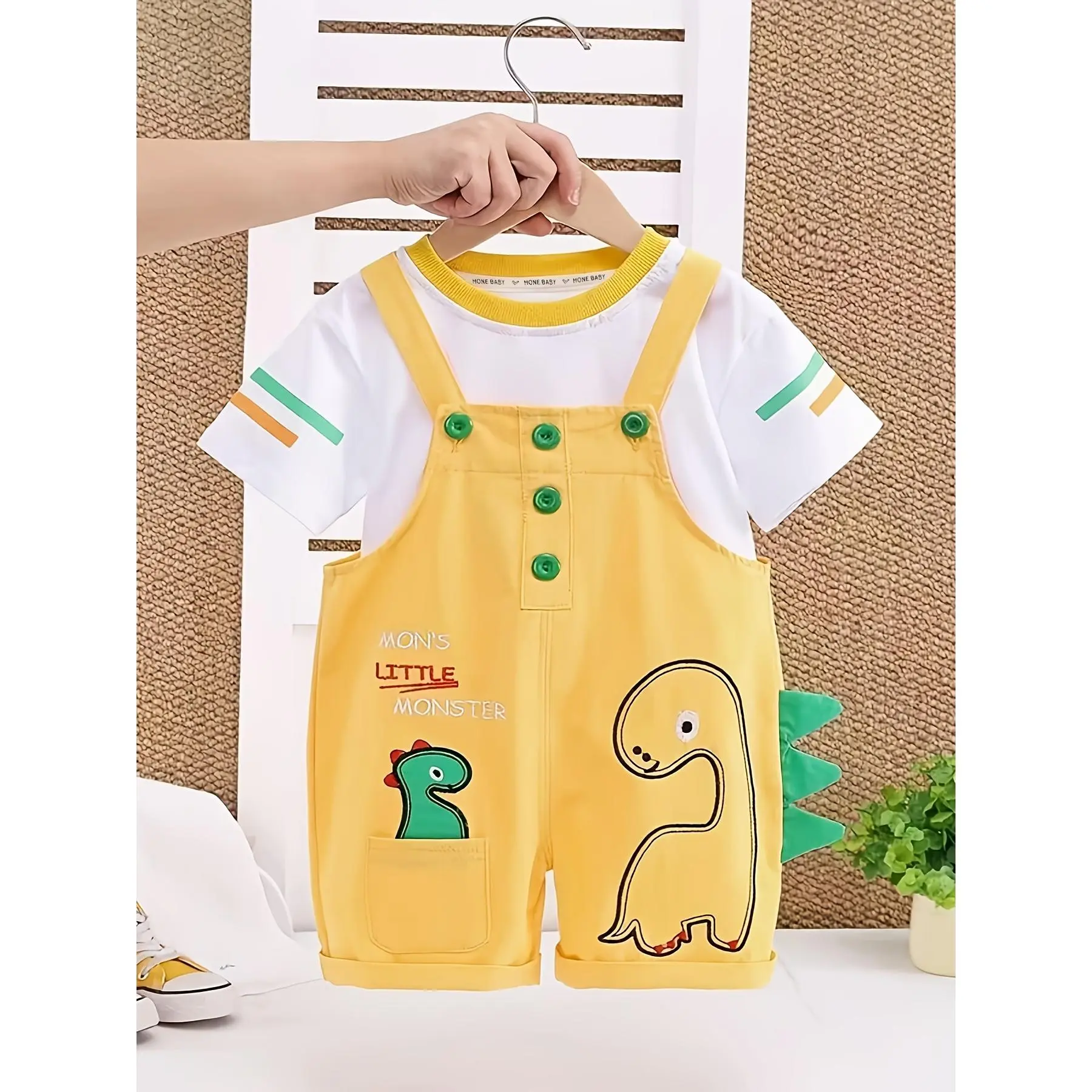 Boys' 2-Piece Cotton Animal Outfit Set - Slight Basic Casual Striped Short Sleeves, Yellow Dinosaur Embroidery Overalls, Knit, Skin-Friendly, Comfortable, Hand Wash Only, No Dry Clean, Sizes 1-2y,3-4y,4-5y,5-6y