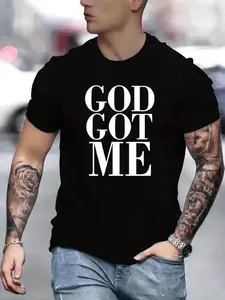 Men's God Got Me Letter Print Round Neck Tee, Regular Fit Casual Short Sleeve Crew Neck T-Shirt for Summer, Fashion Men's Top for Daily Wear