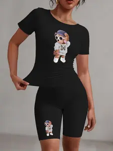 Cartoon Bear Graphic Printed Women's Short Sleeve Top & Shorts Set, Casual Comfy Round Neck Short Sleeve Tee & Skinny Shorts, Ladies Clothes for Daily Wear, 2 Pieces Women Suits Sets Everyday