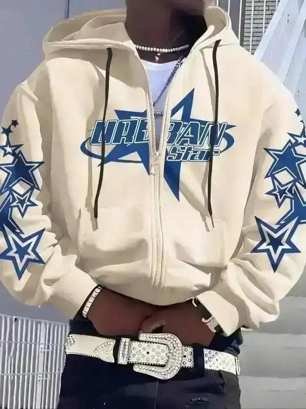 2026 Men's Graphic Star Print Hoodie Drop Shoulder Streetwear Casual Sweatshirt for Men's Winter Warm Fleece Pullover with Drawstring Hood and Pocket Holiday Outdoor Fall Fashion Top, Men's Knitwear, Fashion Sweater