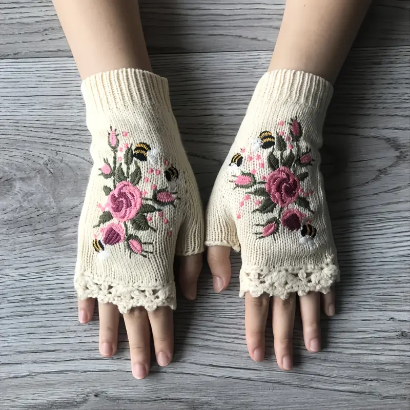 Women's Fingerless Acrylic Knit Gloves - Flower Embroidery, Crocheted Flower Motif, Colorful Patterned Knit, Casual Weekend Use, Autumn Winter Warmth, Hand Wash Only