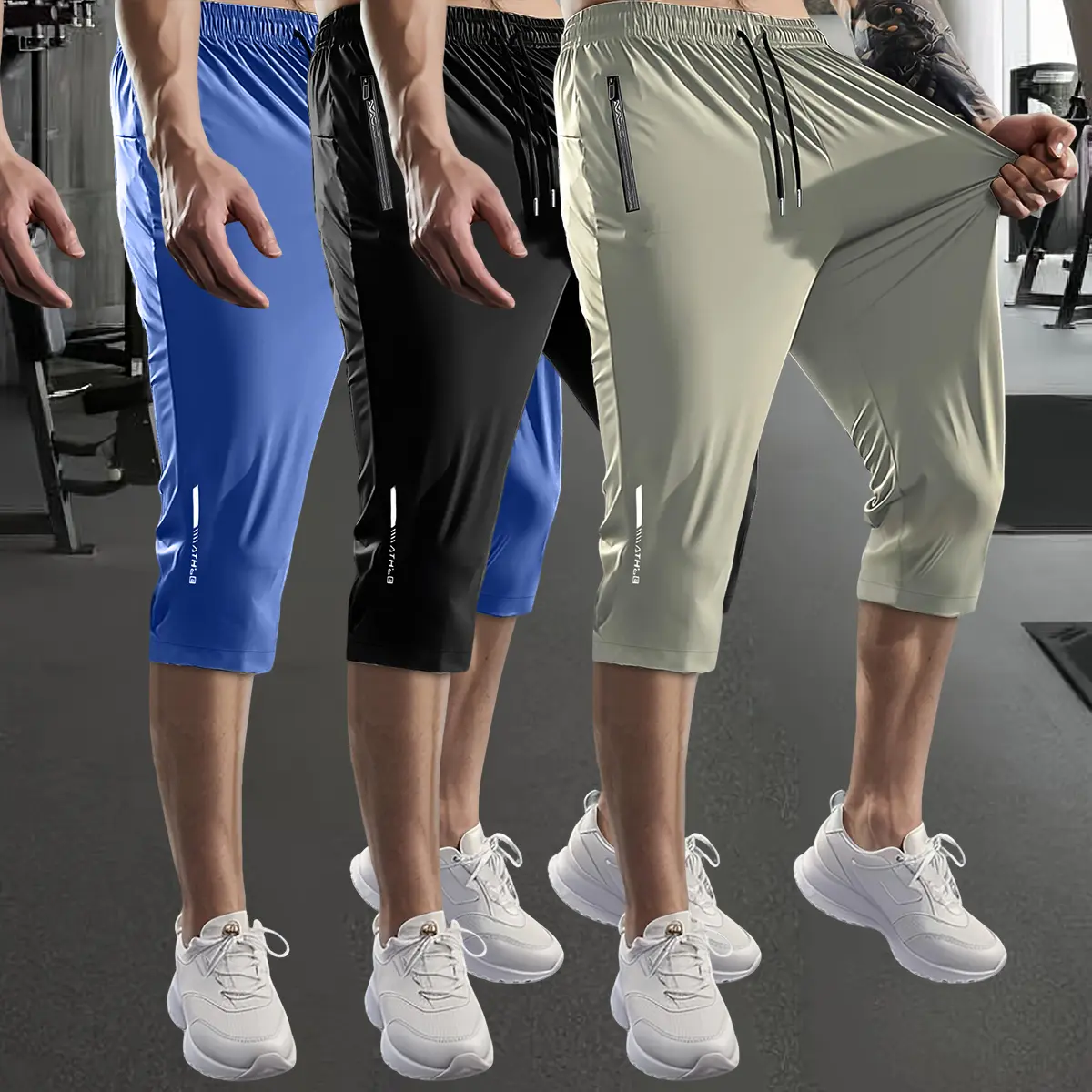 Men's Fashion Casual Three-Pack Seven-Point Pants, High Elasticity Fiber, Drawstring Waist with Cord Zipper Pockets, Quick-Dry Sports Casual Pants, Regular Fit Knitted Fabric, Lightweight and Casual