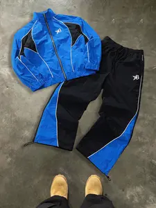 Men's Blue Colorblock Stand Collar Jacket Set with Casual Long Pants, Street Style Comfortable Fabric, Fall Fashion Activewear