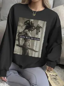 Women's Medusa Print Round Neck Pullover Sweatshirt, Casual Long Sleeve Crew Neck Sweatshirt for Fall & Winter, Women's Clothes for Daily Wear, Hoodie