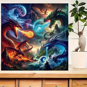 Dragon Battle Pattern DIY Diamond Arts Colorful Painting Kit without Frame, DIY 5D Diamond Arts Colorful Painting Kit, Wall Art Decor for Home Living Room Bedroom