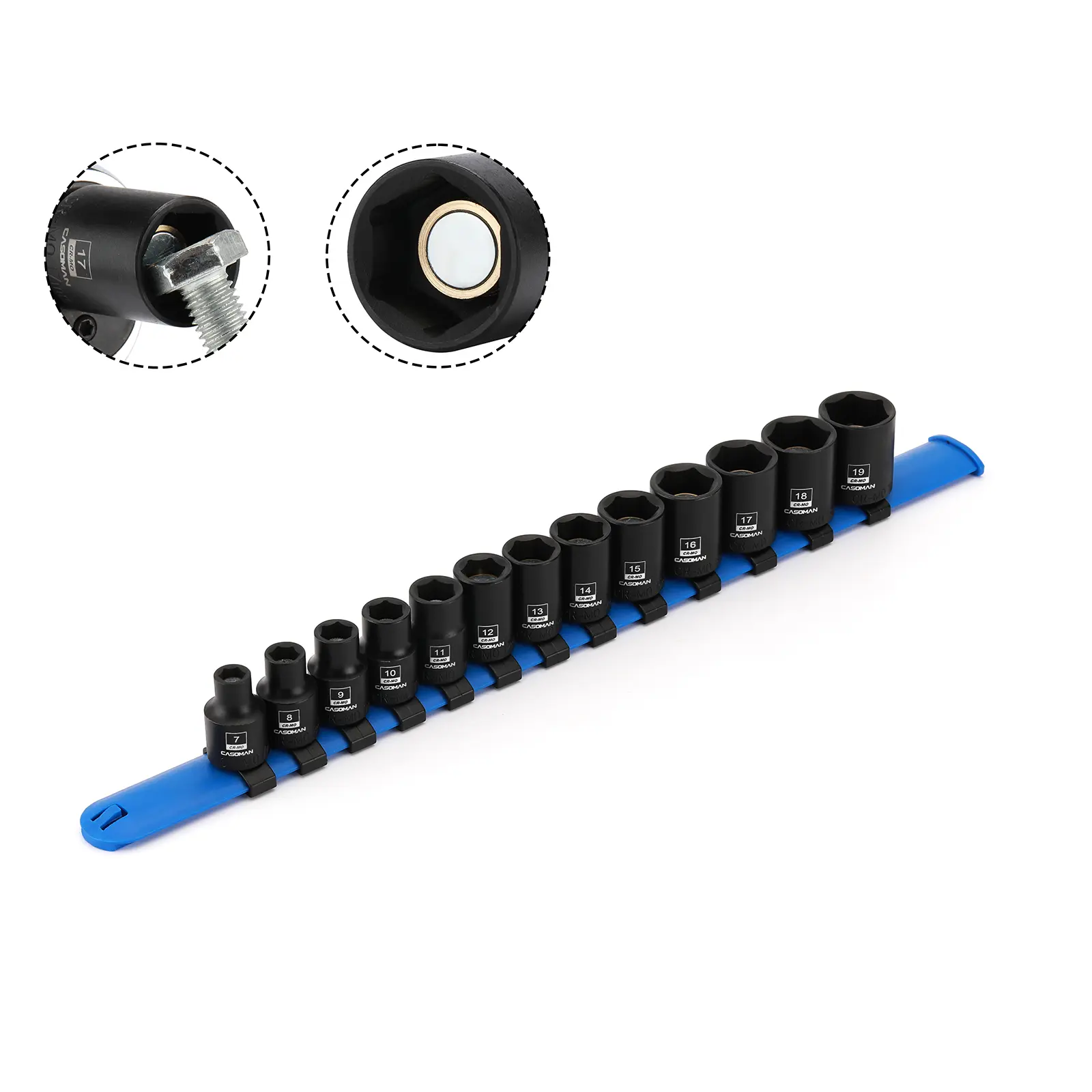 CASOMAN 13PCS 3/8"-Drive Magnetic Shallow Socket Set, 6-Point Metric, 7mm to 19mm, CR-MO Tools
