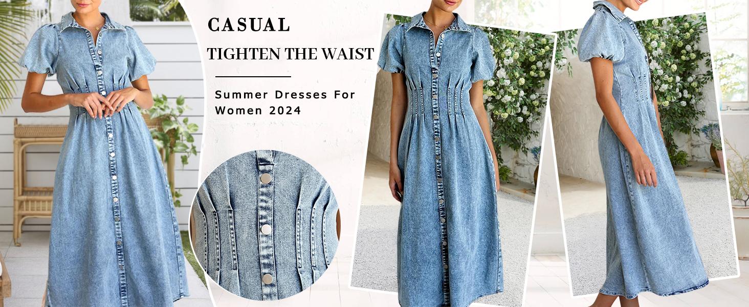 Ebossy Women Long Denim Dress Puff Sleeve Button Down Casual Slim Fit Midi Jean Shirt Dress