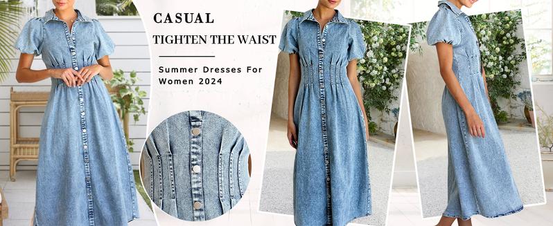 【New Arrival】Ebossy Women Long Denim Dress Puff Sleeve Button Down Casual Slim Fit Midi Jean Shirt Dress 【New Arrival】Ebossy Women Long Denim Dress Puff Sleeve Button Down Casual Slim Fit Midi Jean Shirt Dress