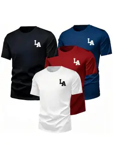 La Letter Logo 4-Pack Tees, American Street Style Multi-Color Set, Casual Daily Wear, Trendy Los Angeles Basic Tee Collection