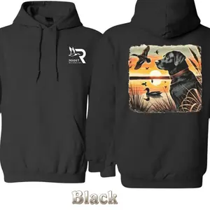 Duck Hunting Dog Hoodie - Black Lab Watching Sunset Over Marsh , Flying Ducks Scene , Outdoor Waterfowl Hunter Design , Roost Logo Front Print , Country Life Apparel , Unisex Fit , Fall Hoodie Menswear Men's Graphic