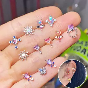 1PC 20G Stainless Steel CZ Earring - Cross Embellishment Ear Stud Earrings for Tragus, Cartilage, Lobe, Helix Piercings with Crystal Rose Flower Barbell, Fashion Costume Jewelry Accessory, Cross Embellishment Earrings