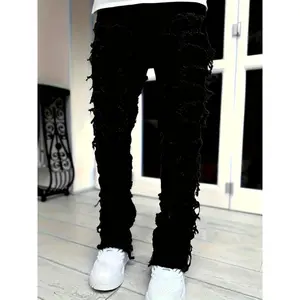 Men's Slim Fit Layered Ripped Jeans With Patches, Cotton Blend Distressed Denim Pants For Casual Outings