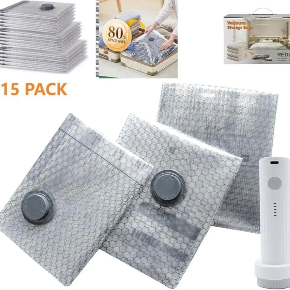 2026 Upgraded Cordless Travel Compression Vacuum Bag Set with Rechargeable Vacuum Pump, 15-Piece Compact Carry-On Packing Bags for Luggage, Space-Saving Home Organizer Storage Solution