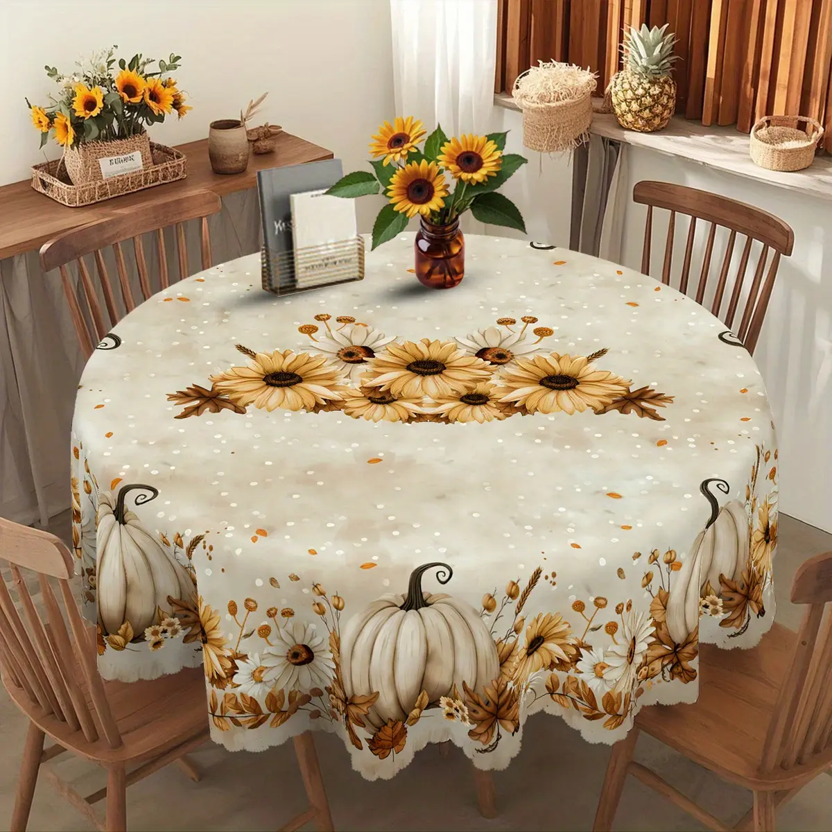 Vintage Pumpkin & Fall Leaves Tablecloth Suitable for Indoor/Outdoor Use - Machine- with Pumpkins, Rectangular Thanksgiving Table Cover for Round/Rectangular/Oval Tables, Fall Decorations & Party Table Setting