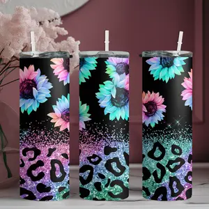 20oz stainless steel water bottle with straw, Rainbow sunflower and shiny digital pattern design skinny tumbler, suitable for fitness, travel, driving, and daily use at home. A great gift for family and friends | 1pc