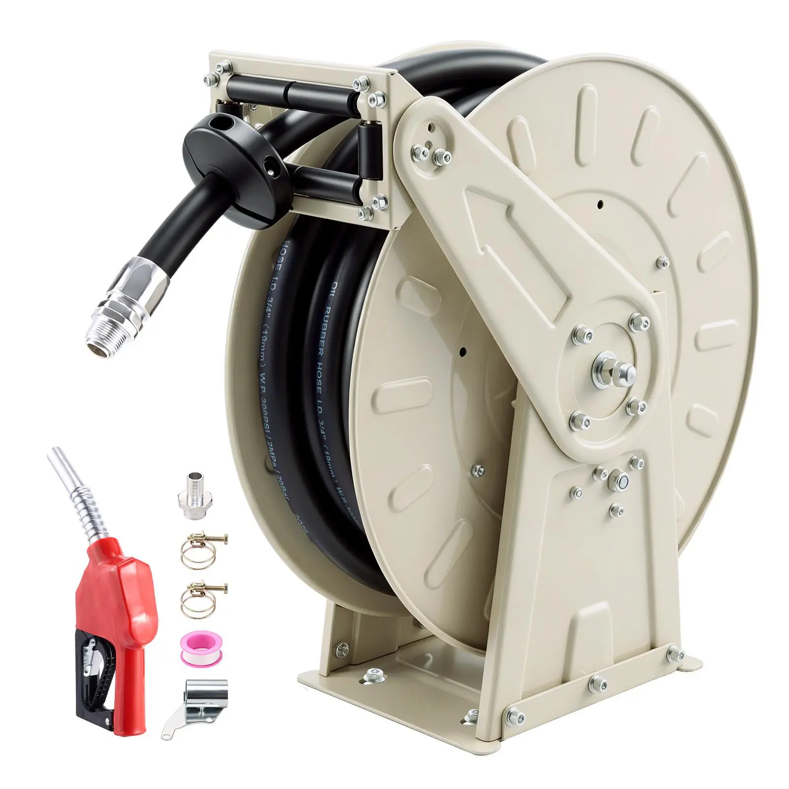 【Summerfinds】VEVOR Fuel Hose Reel, 3/4 inch x 33 ft Retractable, Spring Driven Auto Swivel Rewind, 300 PSI, Heavy-Duty Carbon Steel Construction with Industrial Grade Rubber Hose, for Diesel Fuel, Kerosene