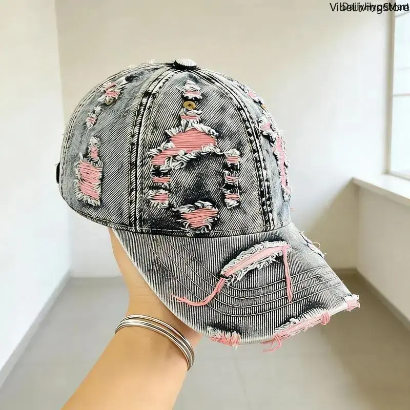 Y2K Vintage Ripped Denim Baseball Cap, Unisex Trendy Streetwear Sun Hat with Retro Washed Denim & Adjustable Strap, Ideal for Men’s Outdoor & Daily Activities