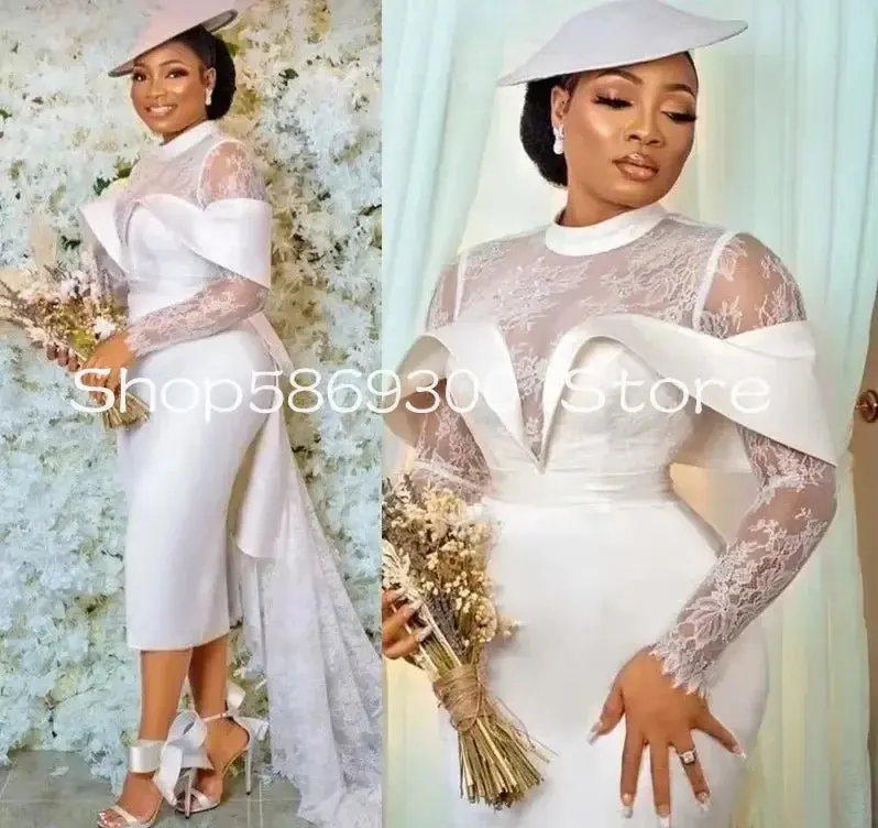 White Wedding Dress Lace Long Sleeves Tea Length Satin Classic African Women Bridal Party Gowns Vestidos De Noiva customized
