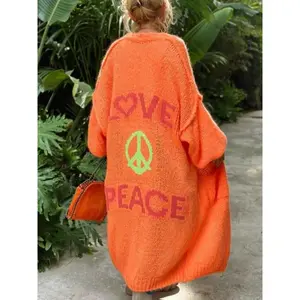 ��Plus Size�� Letter & Peace Print Drop Shoulder Cardigan, Casual Lantern Sleeve Open Front Knitwear for Fall & Winter, Women's Clothing for Daily Wear