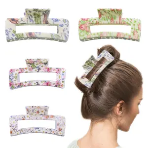 4 count Square Floral Hair Claws Clips for Women, Non-slip Large Medium Claw Clips with  Hold Jaw, Cute Fashion Accessories for Thin Thick Long Curly Hair