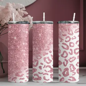 20oz stainless steel water bottle with straw, Pink glitter leopard print design skinny tumbler, suitable for fitness, travel, driving, and daily use at home. A great gift for family and friends | 1pc