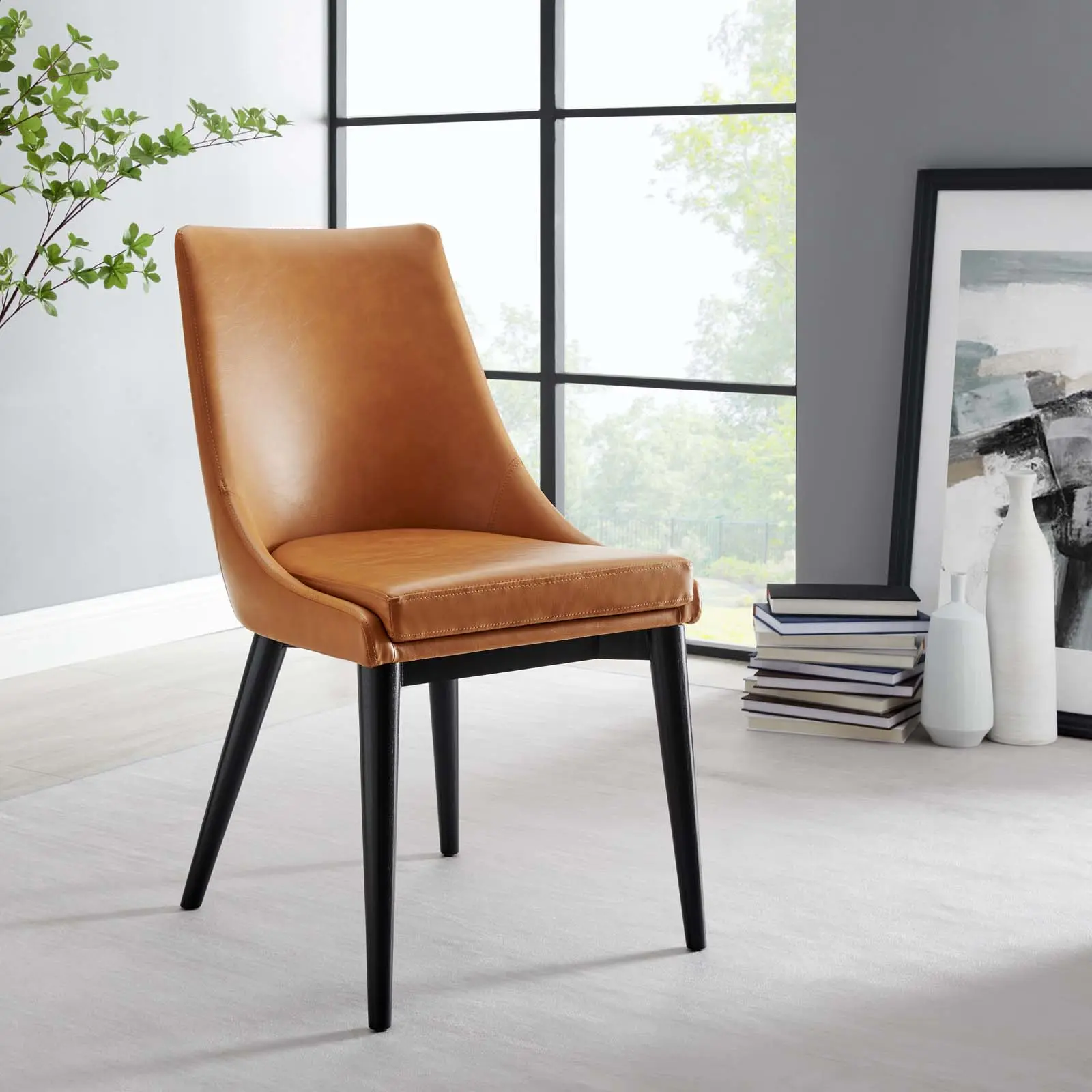 Modway Viscount Minimalist PU Leather Dining Chair - Tan Indoor Furniture with Padded Seat, Foam Cushioning and Stylish Design