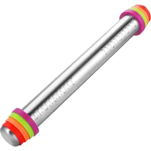 Stainless Steel Rolling Pin with Adjustable Thickness Rings - 4 Interchangeable Sizing Bands for Dumplings/Pasta/Cookies - Nonstick Kitchen Baking Tool (Rolling pin with color thickness rings)