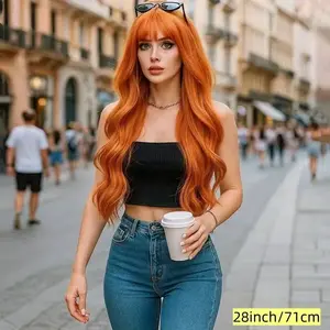 28 Inch Long Orange Wavy Wig with Bangs for Women - Synthetic Ginger Copper Body Wave Hair - Natural Looking Heat Resistant Fiber for Cosplay & Daily Use