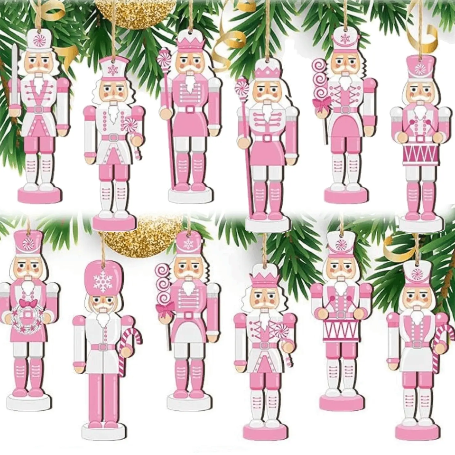 Nutcracker Christmas Decorations Set, 12-Piece Candy Cane Series, Charming Wooden 2D Flat Patterns, Perfect for Tree & Festive Home Decoration, Holiday Ornament