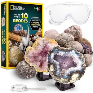 National Geographic Break Open 10 Premium Geodes – Includes Goggles & 2 Display Stands - Great STEM Science Kit, Geology Gift for Kids, Break Your Own Geodes with Crystals