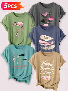 5PCS Floral & Inspirational Themed Women's Lady Casual Short Sleeve Crew Neck Cotton T-Shirt Set – Bestselling Graphic Print, Multicolor, Machine Washable Spring & Summer Top, Soft Skin-Friendly Fabric, Daily Versatile, Fashion Design
